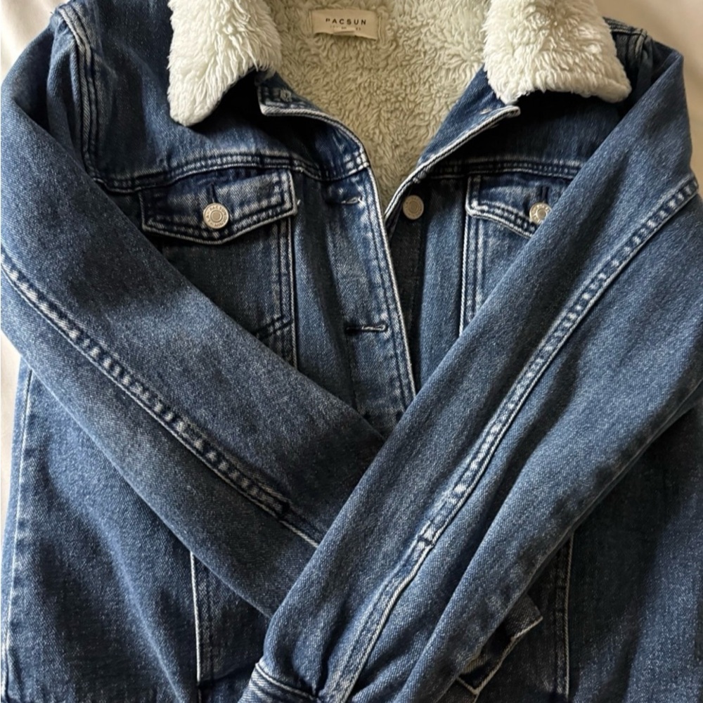 PacSun Blue and White Sherpa-Lined Jean Jacket